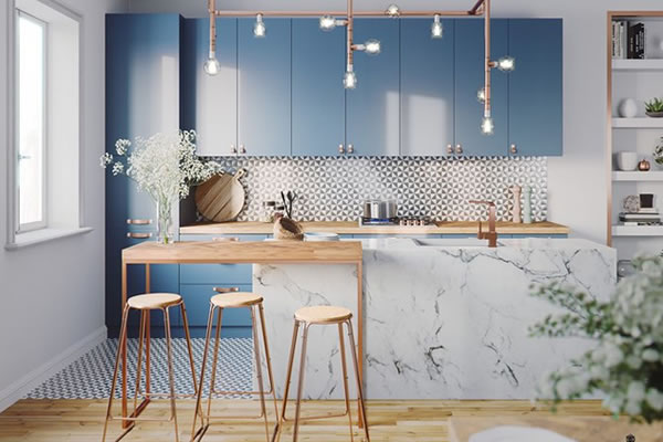Ấn tượng với không gian bếp tone màu xanh dương
