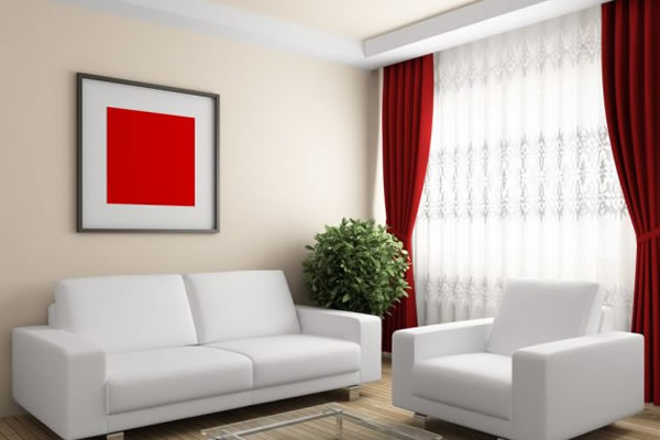 Ý tưởng phối màu cho phòng khách với hai màu trắng và đỏ